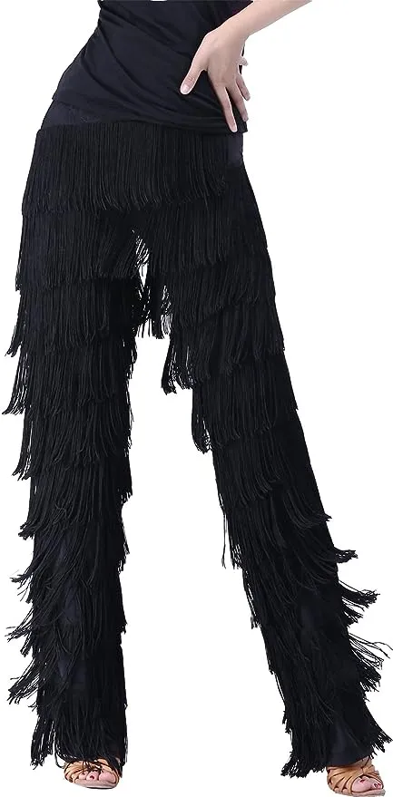 JEZISYMA Women's Tassels Fringe Dance Pants Ballroom Latin Tango Salsa Practice Performance Dancing Costume Pants