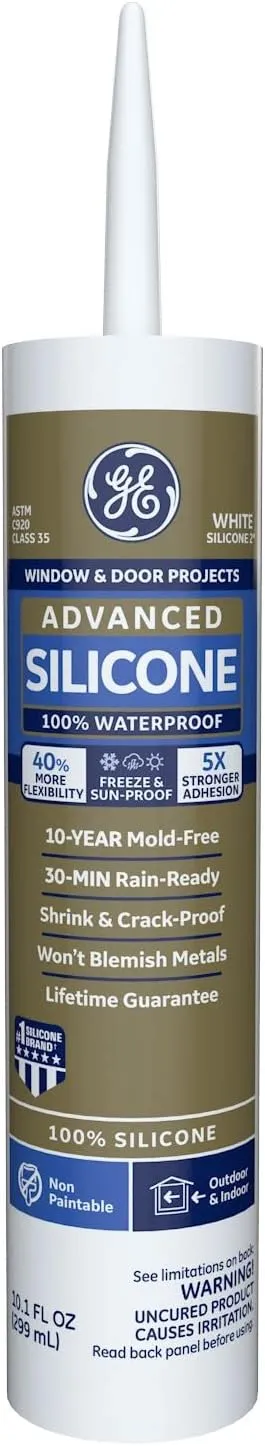 GE Advanced Silicone Caulk for Window & Door - 100% Waterproof Silicone Sealant, 5X Stronger Adhesion, Shrink & Crack Proof - 10 oz Cartridge, White, Pack of 1