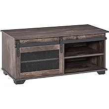 HomCom Farmhouse Coffee Table with Sliding Mesh Barn Door, Storage Cabinet, and Adjustable Shelves, Dark Brown