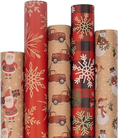 JAM Paper Assorted Gift Wrap - Christmas Kraft Wrapping Paper - 125 Sq Ft Total - Kraft Christmas Set - 5 Rolls/Pack