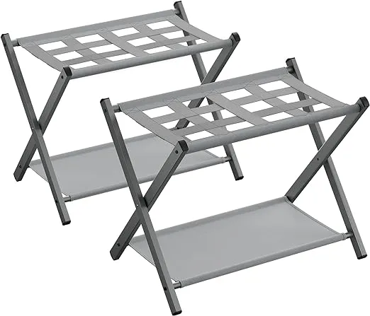 SONGMICS Set of 2 Luggage Racks with Storage Shelves, Dove Gray