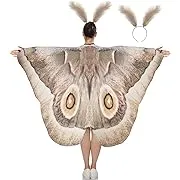 Moth Butterfly Wings Cape Adult Costume with Feather Headband for Halloween