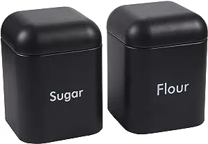 Juvale Kitchen Canister Set - 2-Piece Stainless Steel Sugar and Flour Storage Container Jars with Steel Lids, Black, 4.5 x 6 x 4.5 Inches