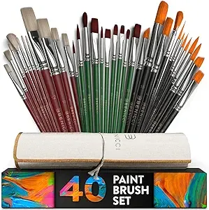 Professional Artist Paint Brush Set of 40 with Storage Case - Includes Round and Flat Art Brushes with Hog, Pony, and Nylon Hair Bristles - Perfect for Acrylics, Watercolor, Gouache, Oil and FabricProfessional Artist Paint Brush Set of 40 with Storage Ca