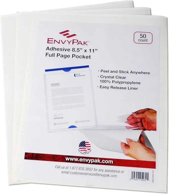 Adhesive Full Page Pocket, 8.5 x 11 inch - Pack of 50