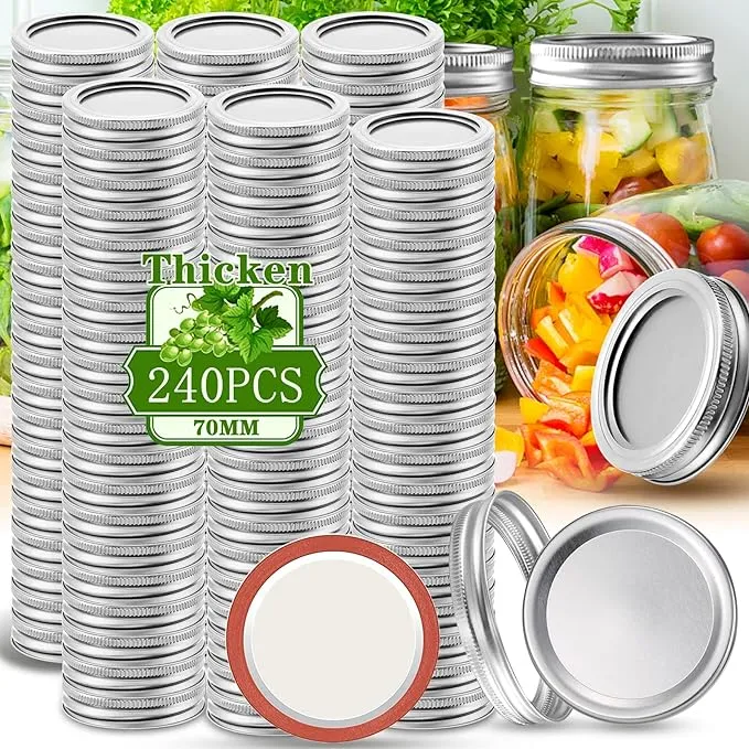 Canning Lids and Rings Regular Mouth, 240 Count Mason Jar Lids and Rings Set for Regular Mouth Canning, Split-type Lids with Silicone Seals Rings Leak Proof and Secure for Regular Mouth Mason Jars