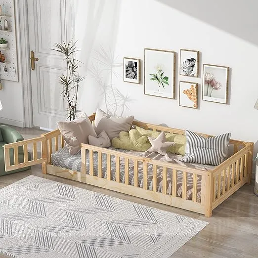 LostCat Full Size Floor Bed Frame with Safety Fence and Door, Wood Montessori Floor Bed with Slat Support,Montessori Bed Frame for Kids Girls Boys,No Box Spring Needed, Natural