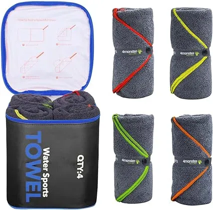 4Monster 4 Pack Microfiber Camping Towel Quick Dry,Super Absorbent Travel Towel Portable Swimming Towel with Waterproof Towel Bag, Lightweight Boat Towel for RV Sport Gym Beach Pool Family Trip