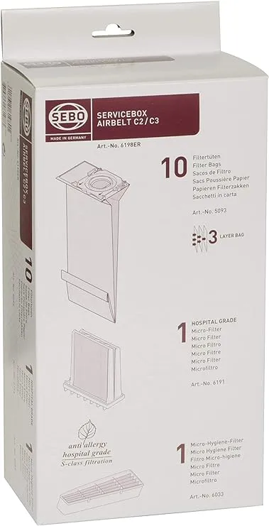 Sebo 6198ER Service-Box for Airbelt C2/ C2.1/ C3/ C3.1 includes 10 Filter Bags 3 Layer 1 Hospital Grade Filter and 1 Micro Hygiene Filter