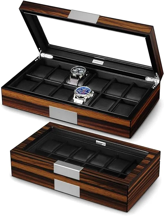 12 Watch Box for Men Watch Display Case Wood Luxury Watch Box with Large Glass W