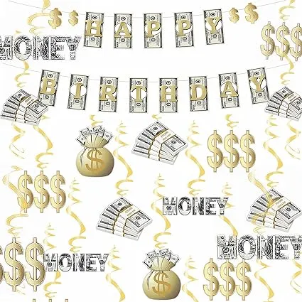 YiiiGoood Money Theme Decoration Kit Bill Dollar Signs Birthday Banner & Hanging Swirls Money Bag Currency Symbol for Birthdays Casino Weddings