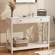 Treocho White Console Table with Drawer and Storage Shelves, Foyer Sofa Table Narrow for Entryway, Living Room, Hallway