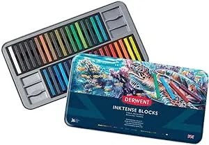 Derwent Inktense Blocks 36 Tin, Set of 36, 8mm Block, Soft Texture, Watersoluble, Ideal for Watercolor, Drawing, Coloring, Crafts and Painting on Paper and Fabric, Professional Quality (2301979)