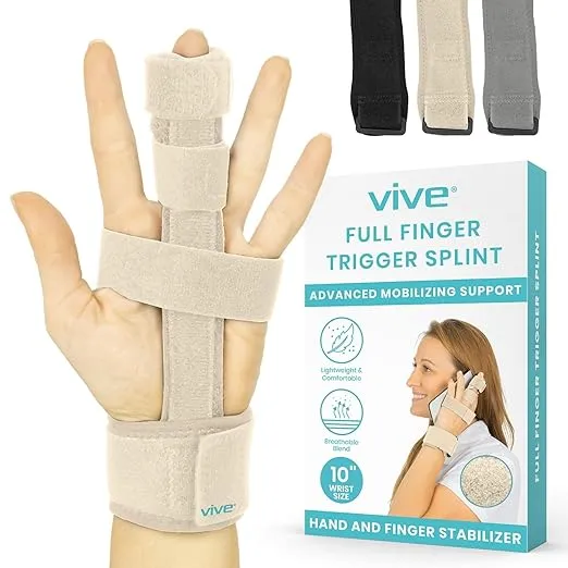 Vive Trigger Finger Splint - Full Hand and Wrist Brace Support - Adjustable Locking Straightener - Straightening Immobilizer Treatment For Sprains, Pain Relief, Mallet Injury, Arthritis, Tendonitis (Beige)Vive Trigger Finger Splint - Full Hand and Wrist
