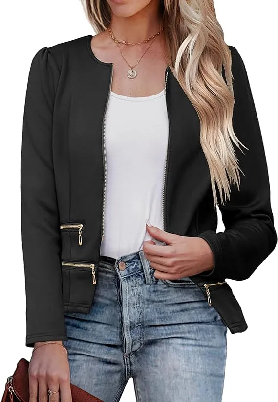 Zeagoo Women's Cropped Open Front Zipper Blazer