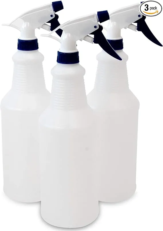 CSBD 32oz Plastic Spray Bottles, Empty and Reusable for Cleaning Solutions, Water, Auto Detailing, or Bathroom and Kitchen, Commercial and Residential (32 oz, White/Blue)