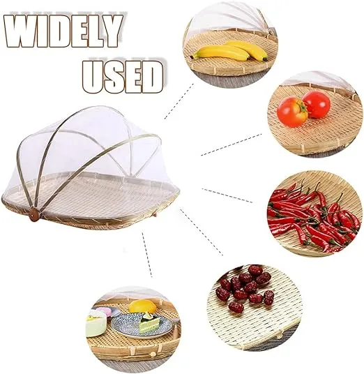 Food Bamboo Food Serving Tent Basket Hand-Woven Basket Serving Dustproof Picnic Basket Vegetable Fruits Bread Food Home Square Food Storage Basket with Mesh Gauze Cover Container