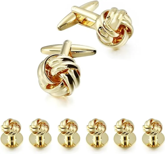 HAWSON Flower Knot Cufflinks and Tuxedo Studs Set Men Dress Shirt Studs Wedding Business Accessories (Gold Tone)