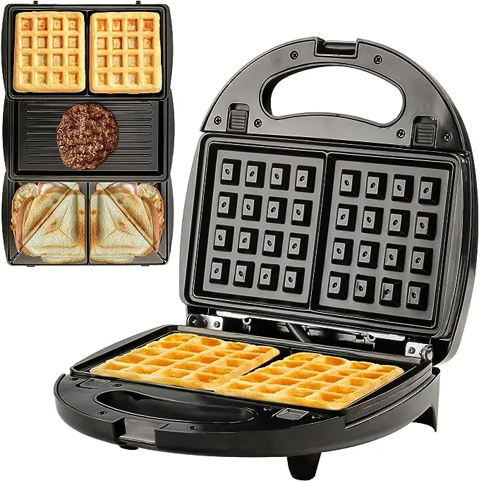 OVENTE 3 in 1 Electric Sandwich Maker, Panini Press Grill and Waffle Iron Set with Removable Non-Stick Plates, Perfect for Cooking Grilled Cheese, Tuna Melts, Burgers, Steaks and Snacks, Black GPI302B