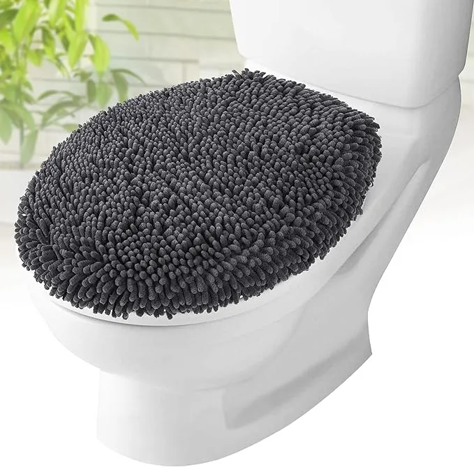 MAYSHINE Plush Shaggy Standard Toilet Seat Lid Cover (Charcoal Gray) | Fuzzy Chenille Microfiber, Fluffy Soft Absorbent - Machin