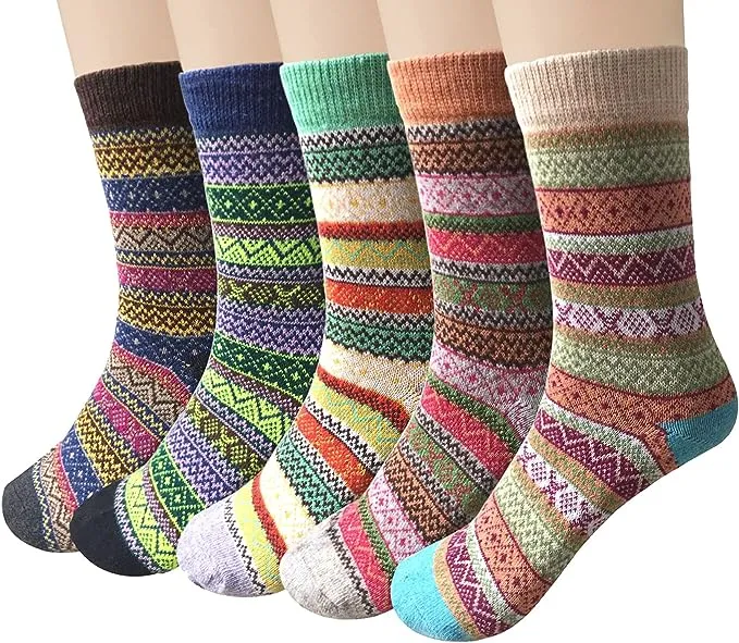 Loritta 5 Pairs Womens Wool Socks Thick Knit Vintage Winter Warm Cozy Crew Socks Gifts