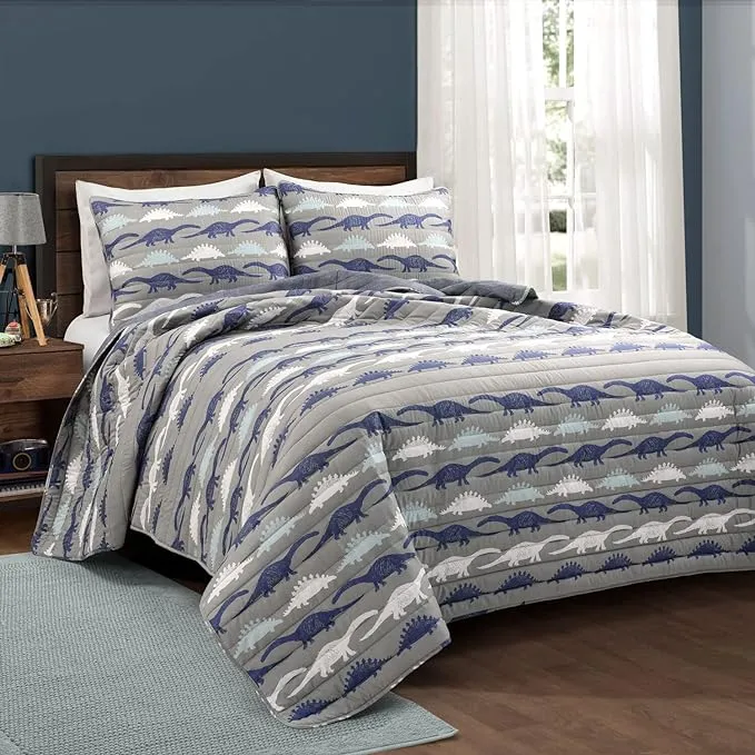 Make A Wish Stone Age Dinosaur Reversible Quilt Navy/Gray 3Pc Set Full/Queen