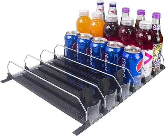 Black Drink Organizer For Fridge Spring Loaded Adjustable Push Rod Slide Rail