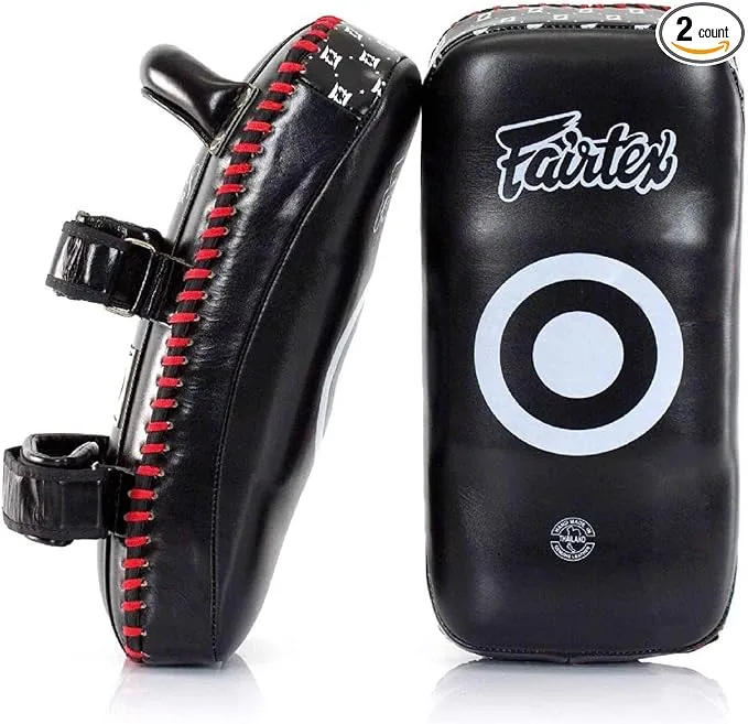 Fairtex KPLS2 Muay Thai Kick Pads Superior All Genuine Leather | Professional Training Pads for Boxing, MMA, and More | Cow Hide Leather, Curved Design, Velcro Closure, Padded Straps (Black/Red, Std)