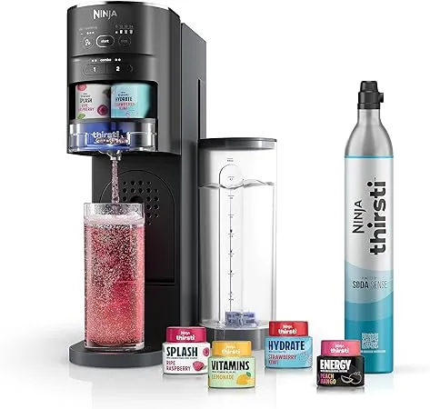 Ninja Thirsti Drink System, Soda Maker, Create Unique Sparkling & Still Drinks, Personalize Size & Flavor, Carbonated Water Machine, Includes 60L CO2 Cylinder & 8 Flavored Water Drops, Black WC1001