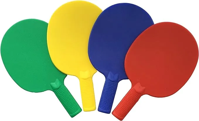 Plastic Ping Pong Paddles - Complete Set of 4 Durable Multi-Color, Blue, Red, Green, Yellow Paddles for Kids or Outdoor Tables at Camp, Vacation, Rec Centers. Textured for Easy Grip and Light Spin.