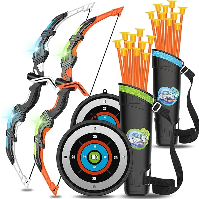 Bow and Arrow for Kids, LED Light Up Archery Toy Set, Indoor & Outdoor Sport for Toddler with 20 Suction Cup Arrows Hanging Target 2 Quivers 2 Bows, Gift for Boys Girls Ages 4-6 8-12(2-Pack)