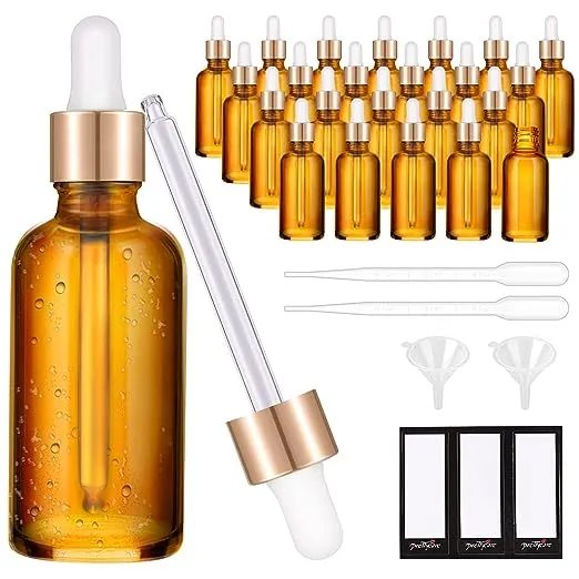 Prettycare 1oz Glass Dropper Bottle 24 Pack Amber Glass Bottles Empty with 2 Funnels & 2 Long Pipettes, 30ml Eye Dropper Bottles for Essential Oils,