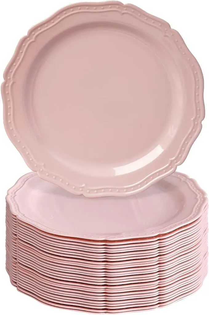 SILVER SPOONS Vintage Embossed Plastic Dessert Plates for Party (20 PC) Heavy Duty Disposable Dinner Set 7.5", Fine China Look Dishes, Perfect for Baby Showers, Celebrations & Events. - Blush