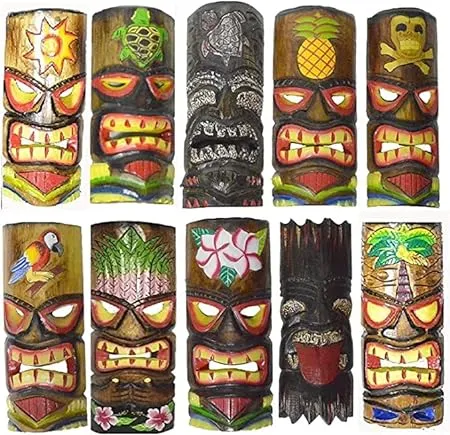 Tiki Mask SET of 10 Hand Carved Polynesian Hawaiian 12 In Tall turtle pineapple colorful flower parrot