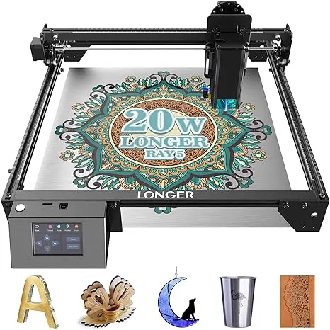 Graveur laser officiel LONGER RAY5, machine de gravure laser 20000 mW avec écran tactile 3,5 pouces, découpeur laser DIY 120 W pour conception personnalisée, graveur laser pour bois et métal, acrylique, cuir, verre,