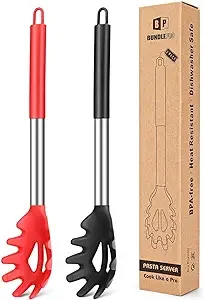 Pack of 2 Silicone Pasta Fork, Kitchen Heat Resistant Noodle Spoon Server, BPA Free Spaghetti Strainer,Best Cooking Tools (Black -Red)