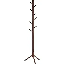 VASAGLE Coat Rack Solid Wood Free Standing Coat Rack Tree-Shaped Coat Rack with 8 Hooks for Clothes Hats Bags for Living Room Bedroom Dark Walnut