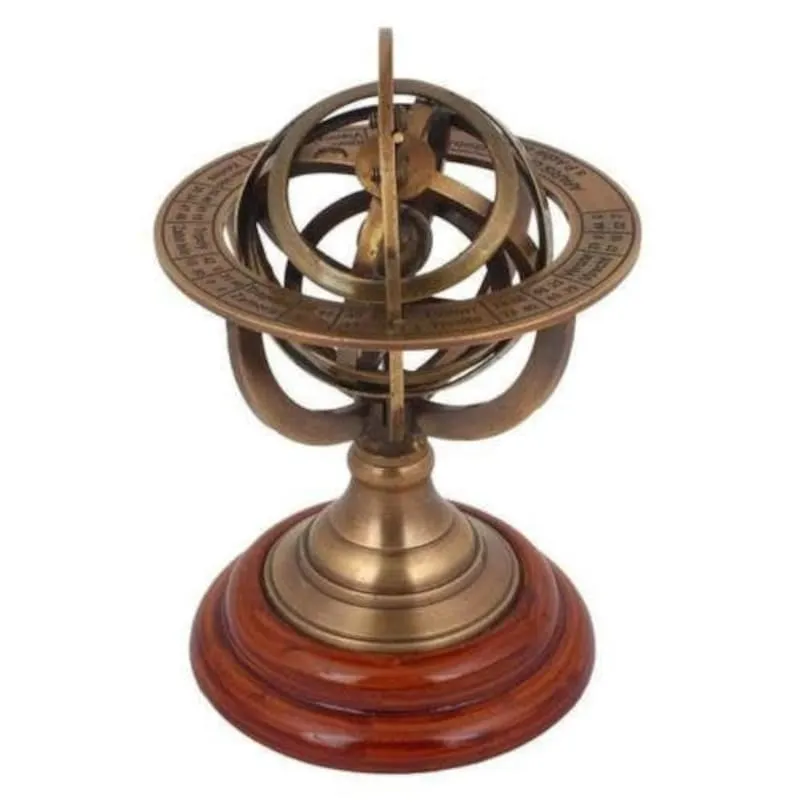 Brass Armillary Sphere Astrolabe on Wooden Base Maritime Nautical Collectible 