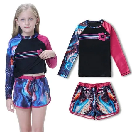 Funnycokid Girls Rash Guard Swimsuit Set Long Sleeve Bathing Suit Two Piece 2-10 Years