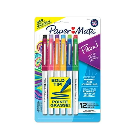 Paper Mate Flair Pens, Felt Tip Pens, Bold Tip (1.2 mm), Assorted Colors, 12 Count