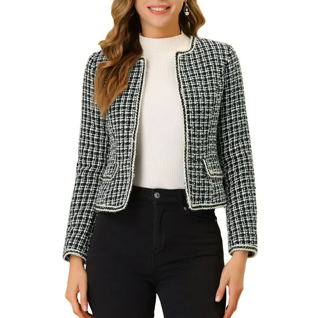 Unique Bargains Women's Plaid Tweed Blazer Long Sleeve Open Front Work Jacket