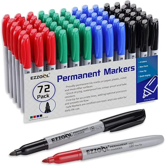 Ezzgol Permanent Markers Bulk, Permanent Marker Bulk Pack of 72, 4 Assorted Colors, Fine Point Permanent Markers for Kids and Adult Coloring As