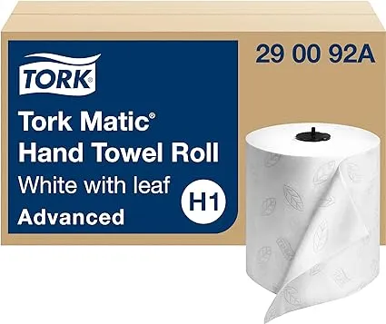 Tork Matic Hand Towel Roll, White With Gray Leaf, Advanced, H1, 100% Recycled Fiber, High Absorbency, Medium Capacity, 2-Ply, 6 Rolls x 525 ft - 290092A