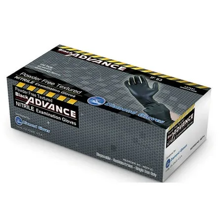 Black Advance Nitrile Examination Powder Free Gloves, Black, 6.3 mil, Heavy Duty, Medical Grade, 100/box