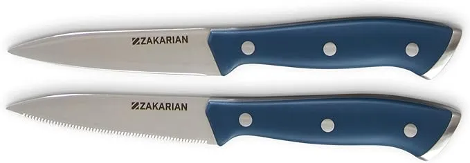 Zakarian by Dash 2 Piece Chef Grade German Steel Paring Knife Set with Smooth and Serrated Blades for Chopping, Dicing, Mincing, Slicing and More – Blue