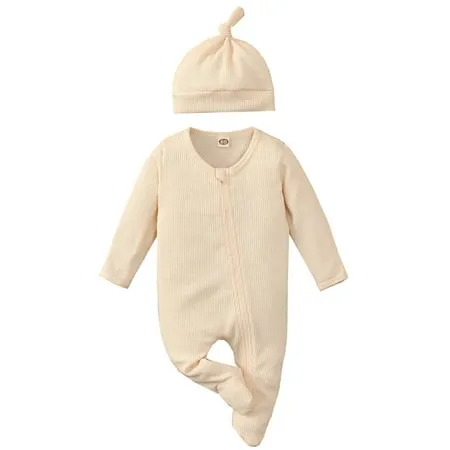 Bebiullo Baby Newborn Romper Longsleeve Outfit Cotton Jumpsuit with Warm Hat Set Beige 18-24 Months