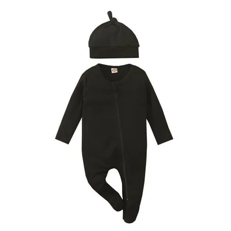 Bebiullo Baby Newborn Romper Longsleeve Outfit Cotton Jumpsuit with Warm Hat Set Black 12-18 Months