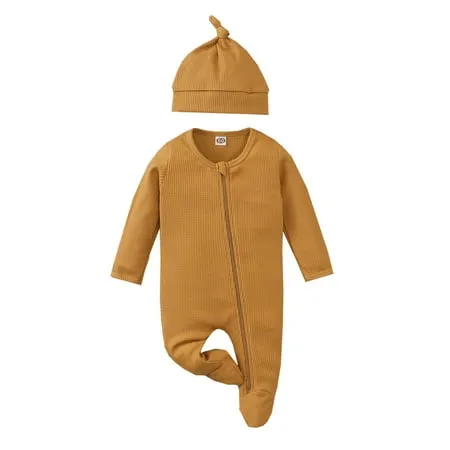 Bebiullo Baby Newborn Romper Longsleeve Outfit Cotton Jumpsuit with Warm Hat Set Caramel 18-24 Months