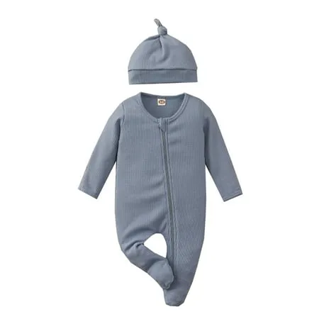 Bebiullo Baby Newborn Romper Longsleeve Outfit Cotton Jumpsuit with Warm Hat Set Dusty Blue 12-18 Months