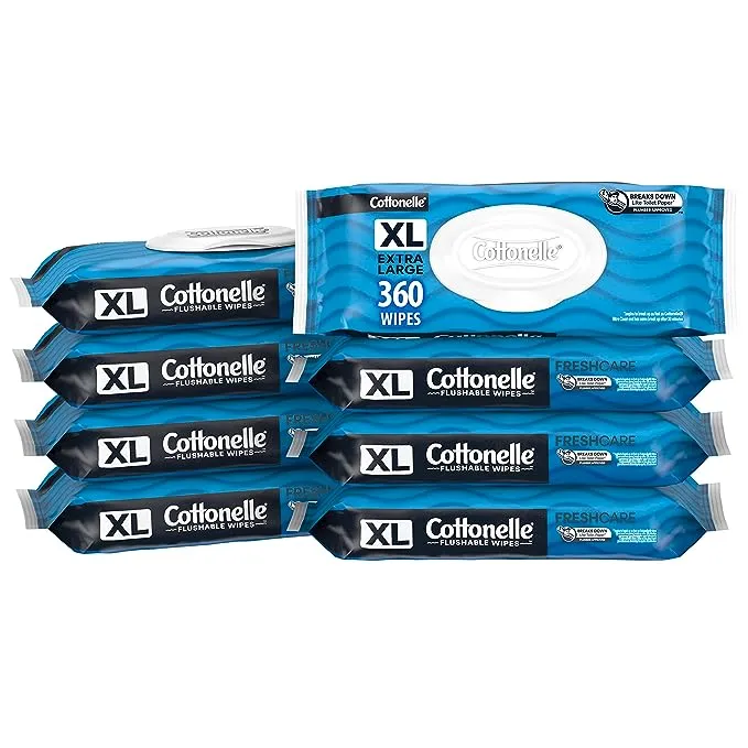 Cottonelle XL Flushable Wet Wipes, Adult Wipes Large, 8 Flip-Top Packs, 45 Wipes per Pack (360 Total Flushable Wipes), Packaging May Vary